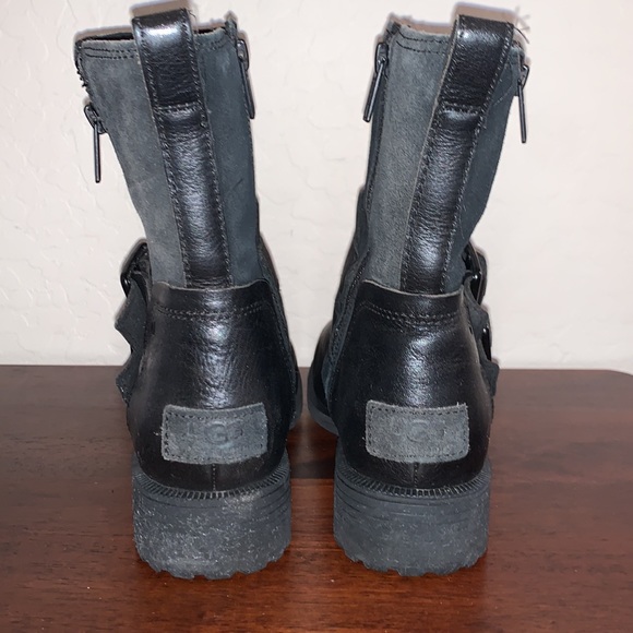 UGG SIZE 6 WILDE BLACK LEATHER/SUEDE BLACK WATERPROOF BIKER MOTO BOOTS - Picture 4 of 11